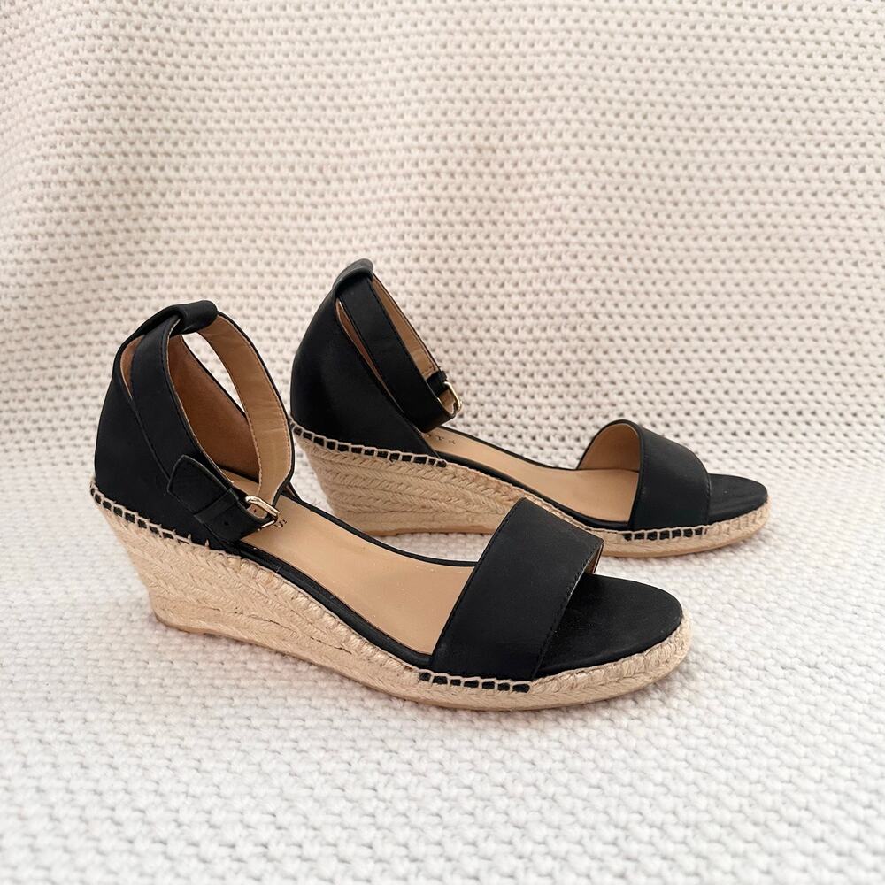 Talbots Black Leather Lyndsay Espadrille Low Wedge Sandals Heels 7.5 Minimalist